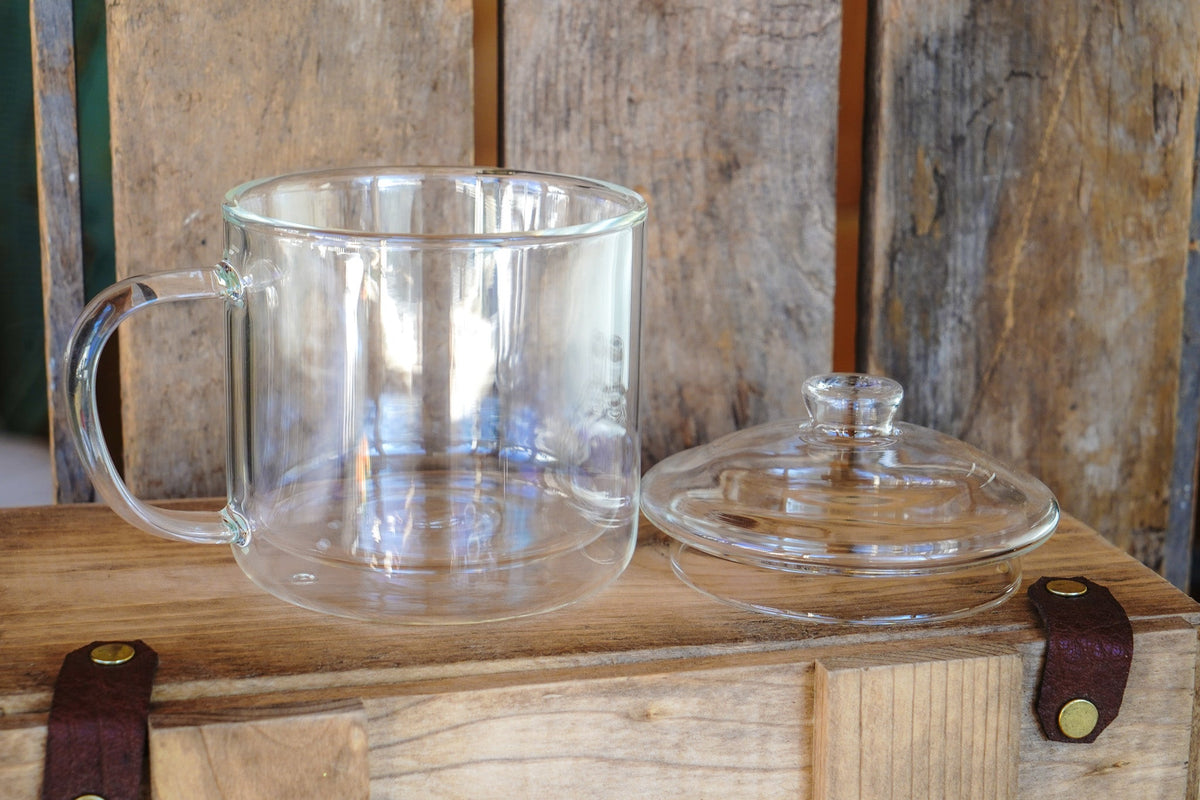 Traditional Double Walled Glass Mug with Lid – Online Only