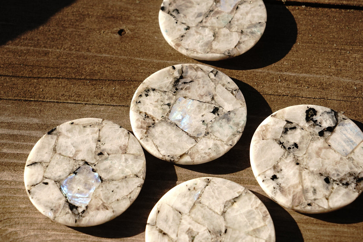 Rainbow Moonstone Round Coasters – Online Only