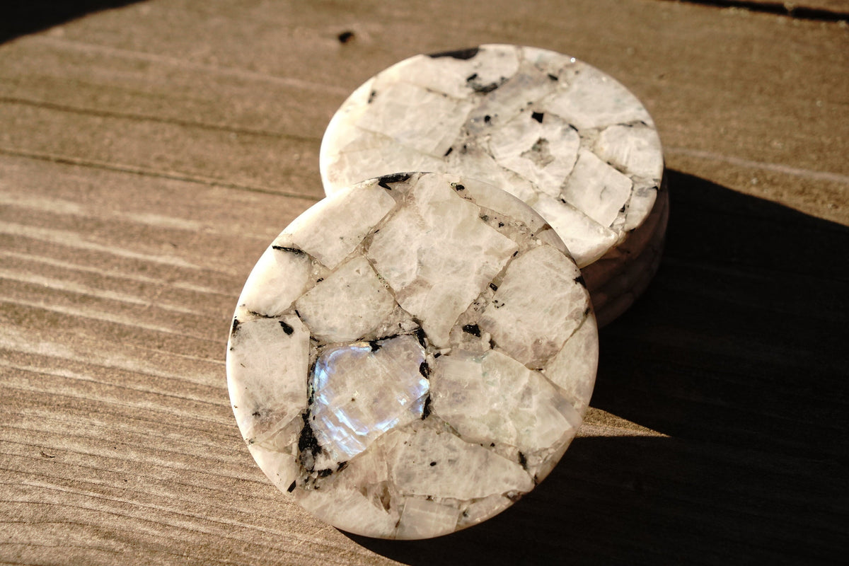 Rainbow Moonstone Round Coasters – Online Only