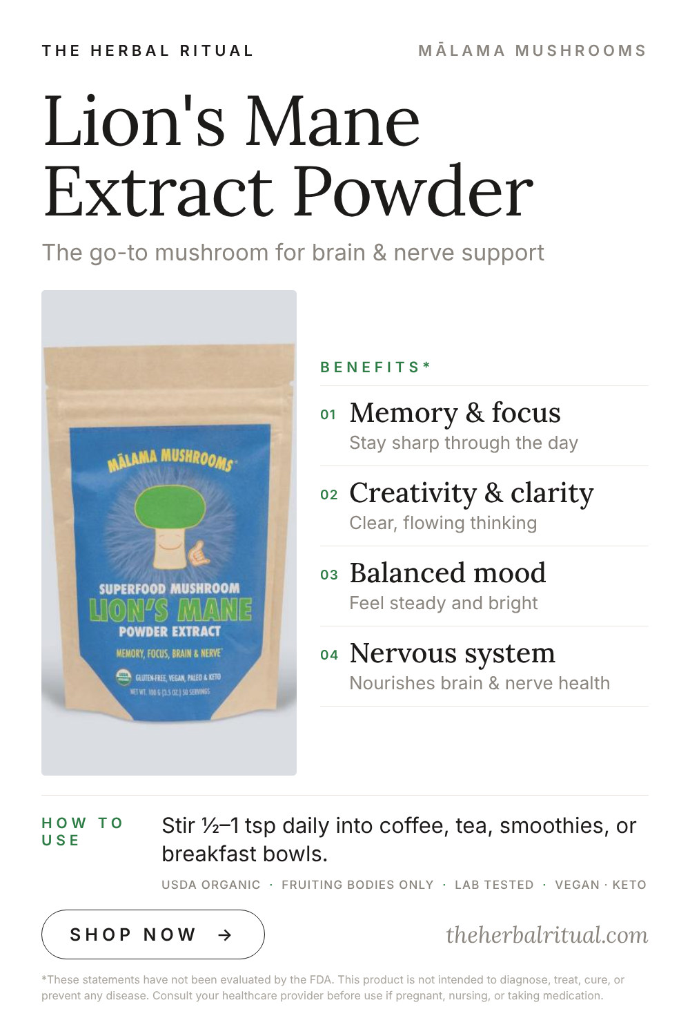 Lion's Mane Extract Powder from Mālama Mushrooms