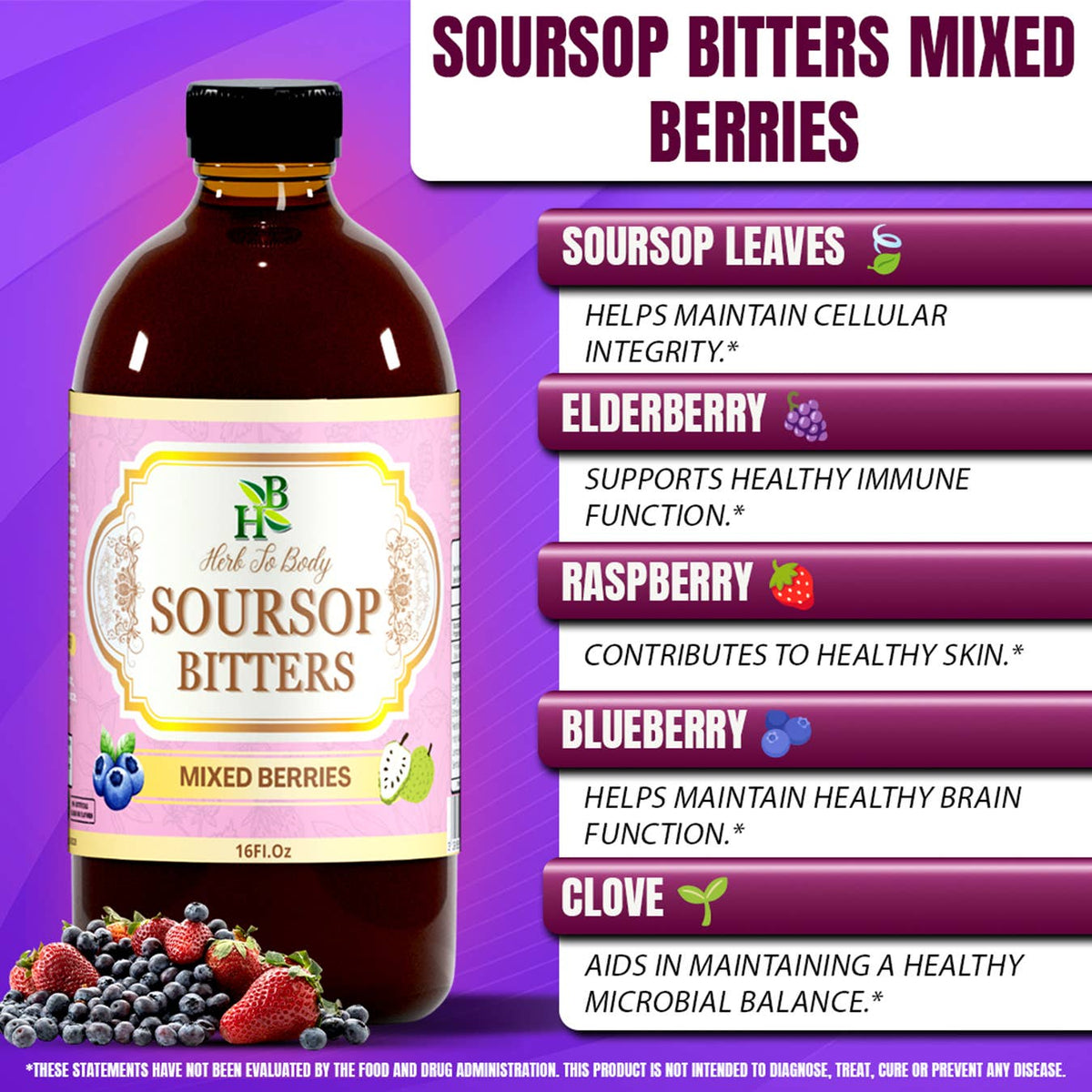 Soursop Bitters Mixed Berries 16oz | Immune & Gut Support