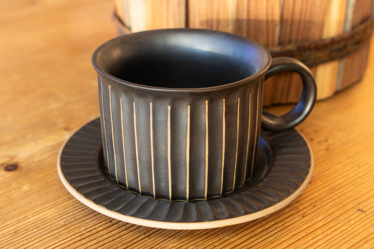 Modern Ribbed Neutral Mug with Matching Dish – Online Only
