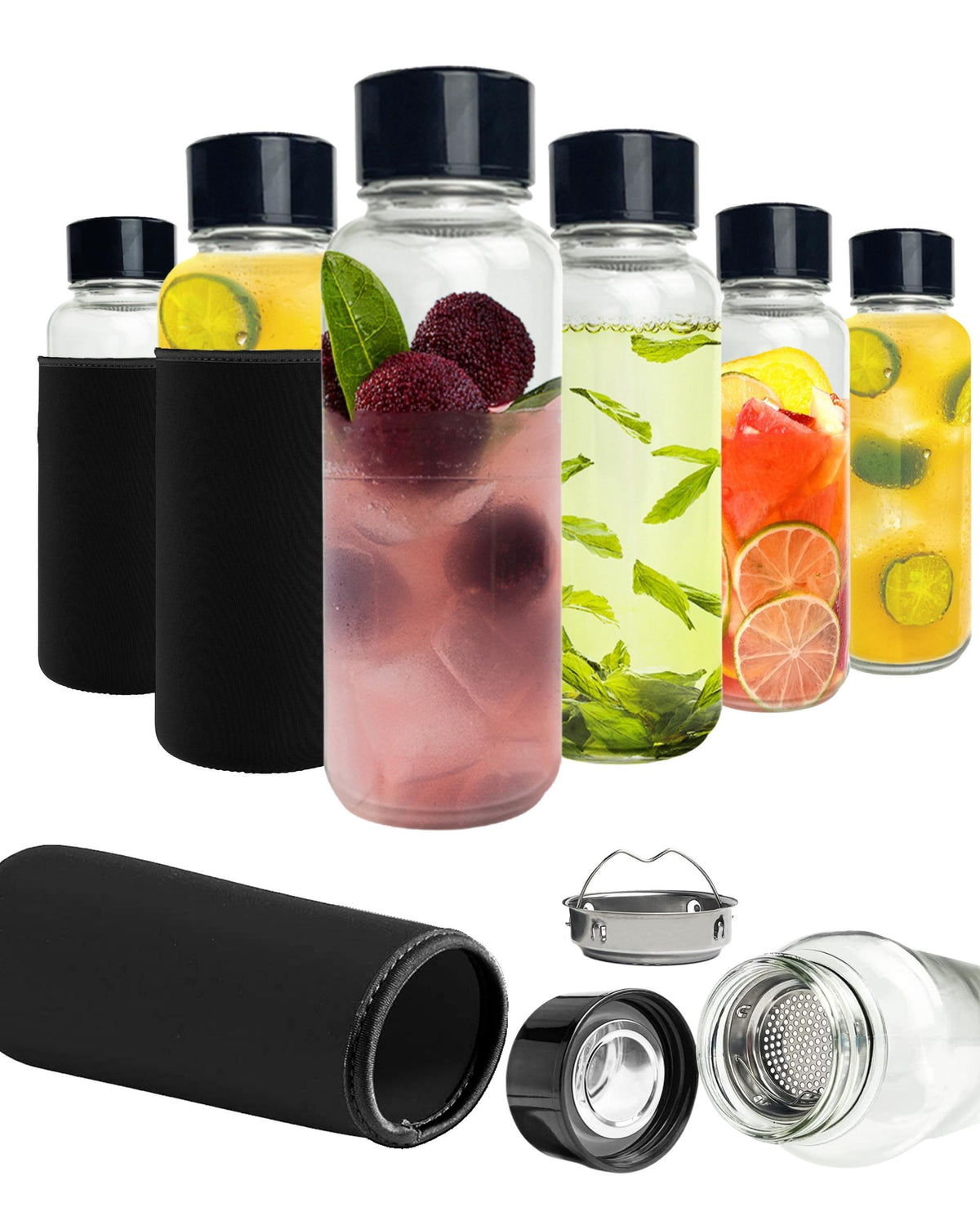 purifyou Clear Glass Bottles with Infuser, Neoprene Sleeves, & Lid (32oz Set of 6) – Online Only