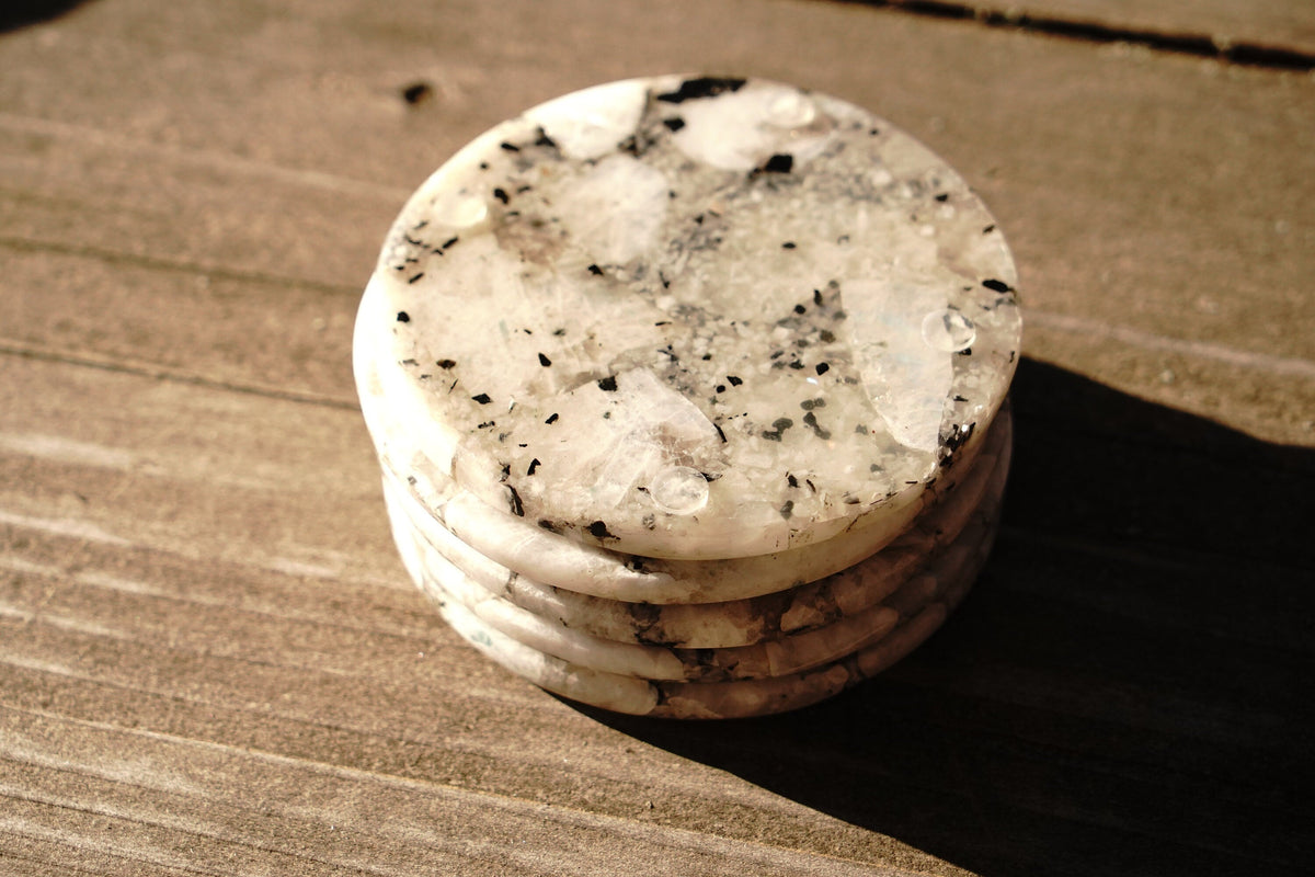 Rainbow Moonstone Round Coasters – Online Only