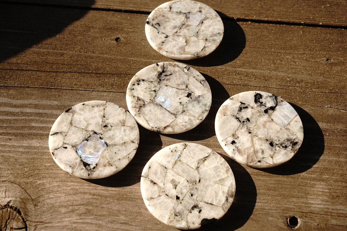 Rainbow Moonstone Round Coasters – Online Only